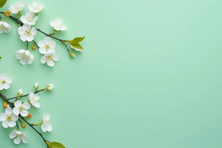Spring flowers flat lay on a light-green background with a place for text. AI generativeの素材