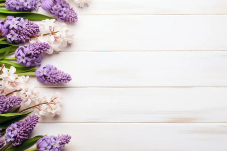 Spring flowers flat lay on a white wooden background with a place for text. AI generativeの素材