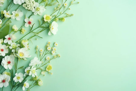 Spring flowers flat lay on a light-green background with a place for text. AI generativeの素材