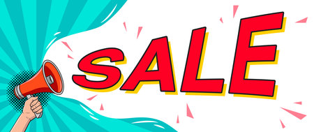 Loudspeaker in a hand and text SALE in a pop art style. Vector illustrationのイラスト素材