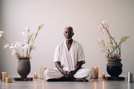 Mature black man meditates at home. AI generativeの素材