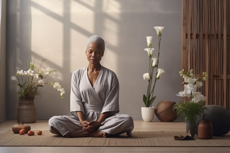Mature black woman meditates at home. AI generativeの素材