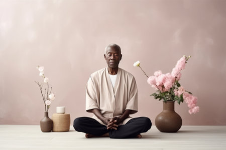 Mature black man meditates at home. AI generativeの素材