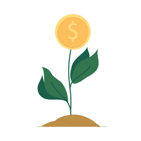 A plant with a coin instead of a flower is a symbol of income growth. Vector illustration isolated on white backgroundのイラスト素材