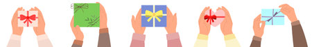 Collection of hands holding gift boxes with a bows, top view. Vector illustration isolated on white backgroundのイラスト素材