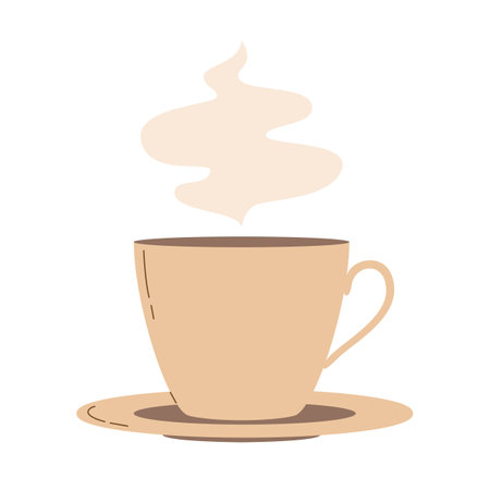 Brown cup of hot coffee or tea with a steam. Modern flat vector illustration isolated on white backgroundのイラスト素材