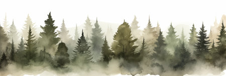 Watercolor illustration of a foggy spruce forest isolated on white background. AI generativeの素材