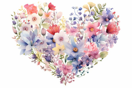 Watercolor illustration of a heart-shaped composition from various flowers on a white background. AI generativeの素材