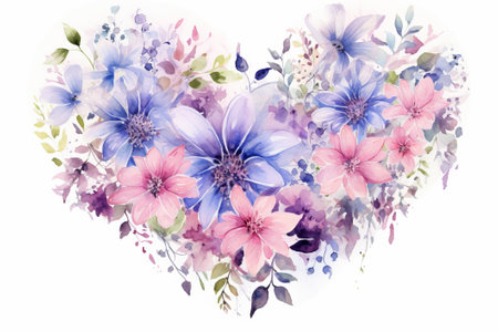 Watercolor illustration of a heart-shaped composition from various flowers on a white background. AI generativeの素材