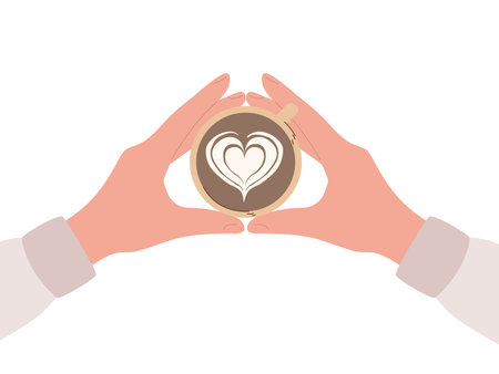 Latte art. Hands with a cup of coffee with a heart, top view. Modern flat vector illustration isolated on white backgroundのイラスト素材