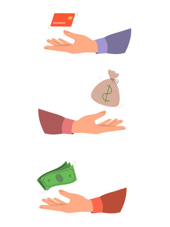 Collection of hands with a flying credit card, money bag and green banknotes. Vector illustration isolated on white backgroundのイラスト素材