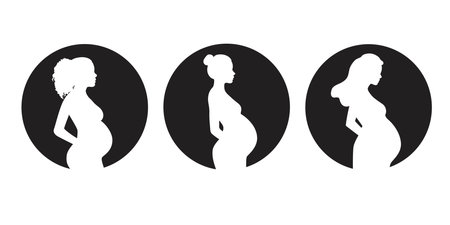 Collection of silhouettes of a pregnant women in a round shape frames, side view. Vector illustration isolated on white backgroundのイラスト素材