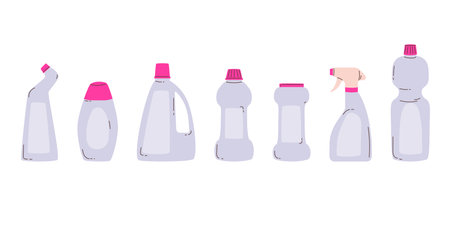 Collection of bottles with cleaning products. Set of plastic packaging for household chemicals. Modern flat vector illustration isolated on white backgroundのイラスト素材