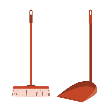 Broom and dustpan. Modern flat vector illustration isolated on white backgroundのイラスト素材