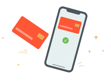 Credit card and phone with virtual credit card on the screen. Modern flat vector illustration isolated on white backgroundのイラスト素材