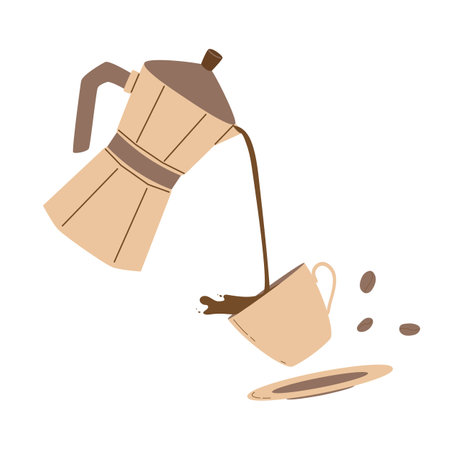 A brown mocha pot pours coffee into a cup and saucer. Modern flat vector illustration on white backgroundのイラスト素材