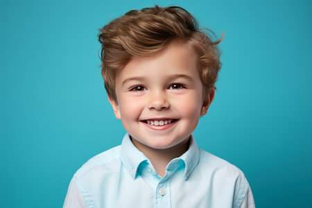 Caucasian smiling boy studio portrait, simple background. AI generativeの素材