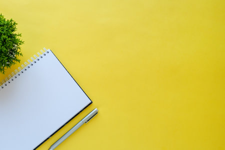 Flat lay with a blank spiral note, pen and home plant on yellow backgroundの写真素材