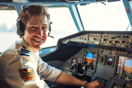 Portrait of a smiling male pilot in a cockpit of a passenger plane. AI generativeの素材