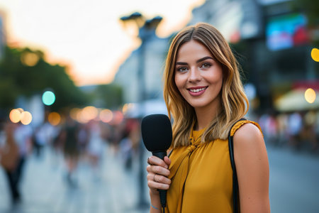 Reporter on a city street during work. Portrait of a smiling woman with a microphone in his hand. AI generativeの素材
