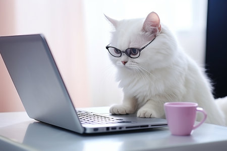 Cute smart cat in glasses works with a laptop. AI generativeの素材