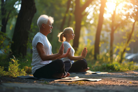 An elderly couple meditates in a city park. Active lifestyle in retirement. Outdoor sports. AI generativeの素材