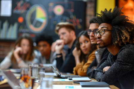 Diverse group of aspiring entrepreneurs with puzzled expressions in a modern meeting room. AI generativeの素材