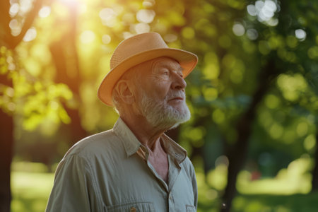Portrait of an elderly man enjoying summer nature in the park. AI generativeの素材
