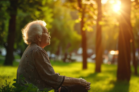 Portrait of an elderly woman enjoying summer nature in the park. AI generativeの素材