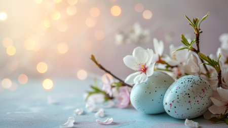 Easter composition with a decorated eggs, flowers and bokeh background with a copy space. AI generativeの素材