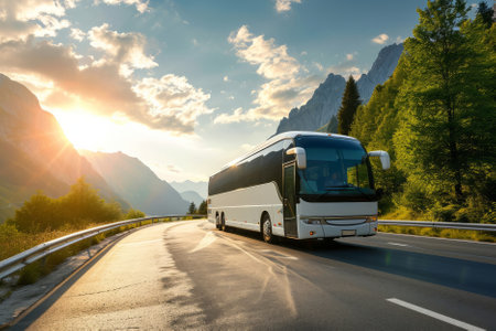 White travel bus on a beautiful highway. AI generatedの素材