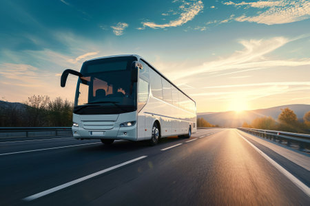 White travel bus on a beautiful highway. AI generatedの素材