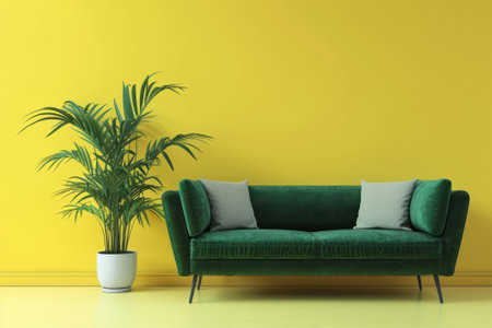 Green modern sofa and home potted plant near on a plain yellow background, front view. AI generativeの素材