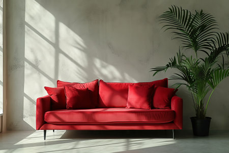 Red modern sofa and home potted plant near on a plain light-color background, front view. AI generativeの素材