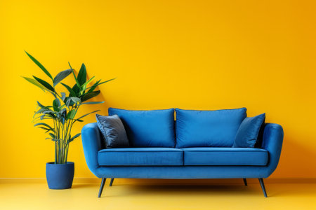 Blue modern sofa and home potted plant near on a plain yellow background, front view. AI generativeの素材