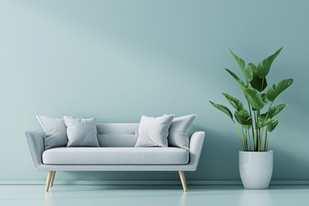 Gray modern sofa and home potted plant near on a plain light-blue background, front view. AI generativeの素材