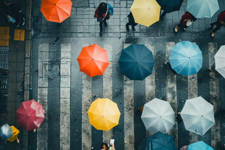 People with different umbrellas walk along a city street, top view. AI generativeの素材
