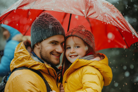 Family under the colorful umbrella. Father and children. AI generativeの素材