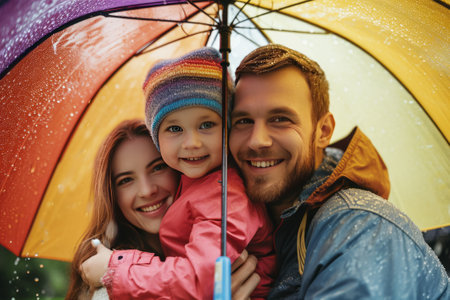 Family under the colorful umbrella. Father and children. AI generativeの素材