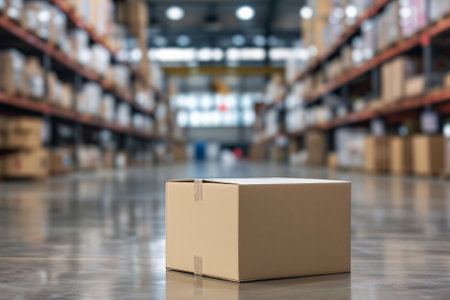 A cardboard box with a blurred large warehouse of goods in the background. AI generativeの素材