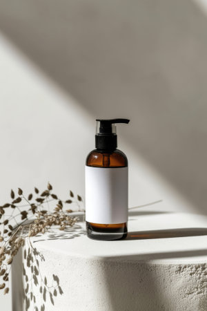 Mock up of a cosmetic bottle with blank label, standing on a table, white background. AI generativeの素材