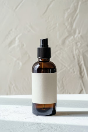 Mock up of a cosmetic bottle with blank label, standing on a table, white background. AI generativeの素材