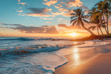A serene beach sunset scene with palm trees and ocean waves. AI generativeの素材