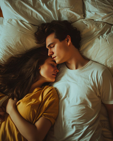 A young man and woman sleep together in bed. Married couple. AI generativeの素材