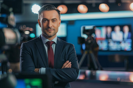 A male TV news anchor in a studio. AI generativeの素材