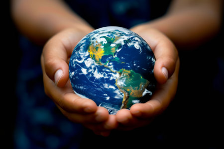 Small planet Earth in a human's hands. AI generativeの素材