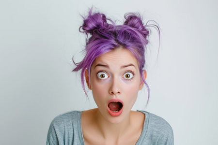 Surprised woman with a purple hair. Shocked girl studio portrait on a white background. AI generatedの素材