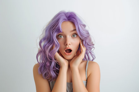 Surprised woman with a purple hair. Shocked girl studio portrait on a white background. AI generatedの素材