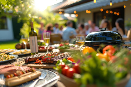 Outdoors Dinner Table with Gorgeous-Looking Barbecue Meat, Fresh Vegetables and Salads. Blurred Joyful People Celebrating in the Background. AI generativeの素材