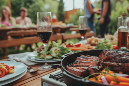Outdoors Dinner Table with Gorgeous-Looking Barbecue Meat, Fresh Vegetables and Salads. Blurred Joyful People Celebrating in the Background. AI generativeの素材